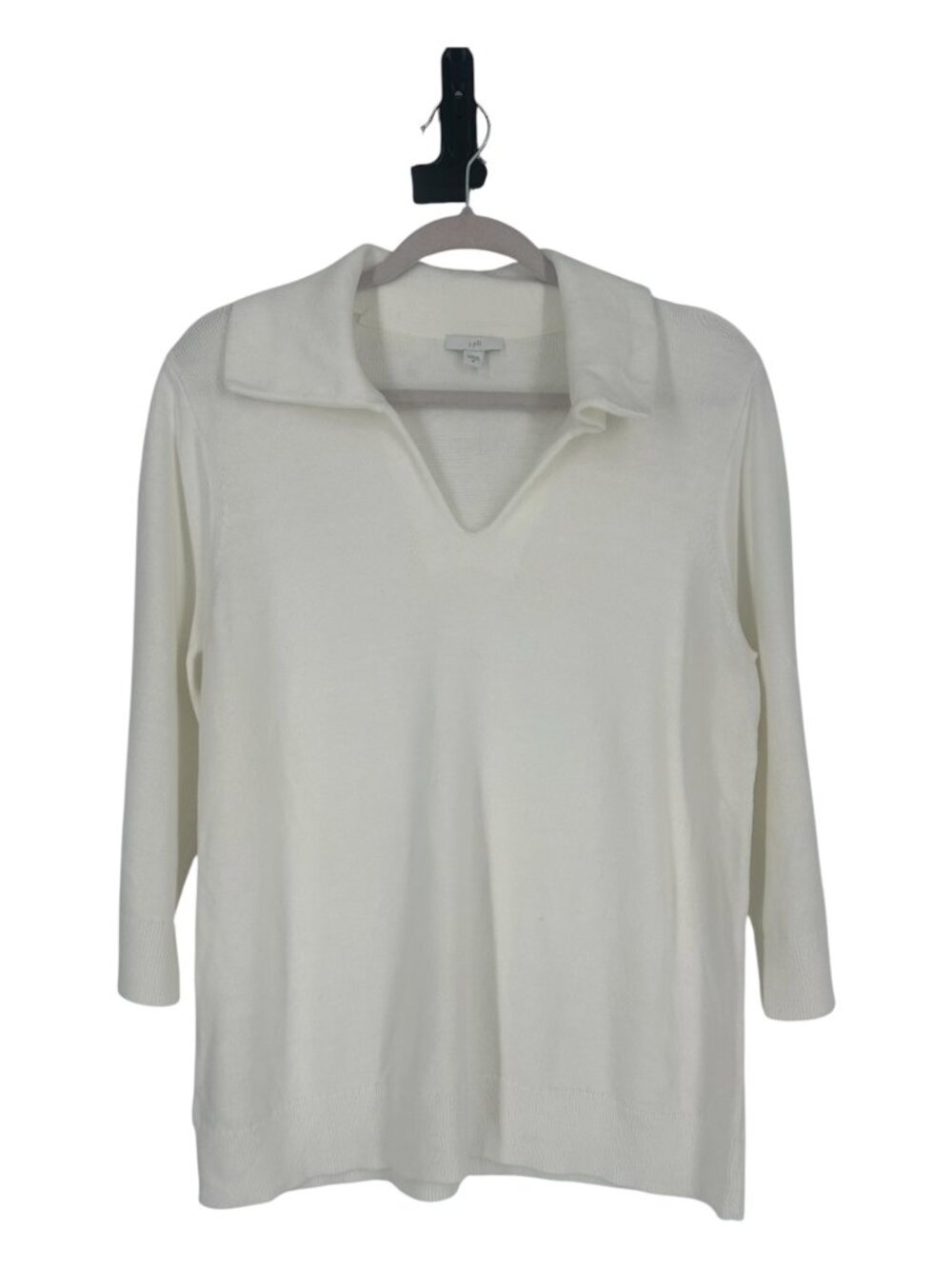 J Jill Sweater Medium White Cotton Blend Split V Neck Johnny Collar 3/4 Sleeve